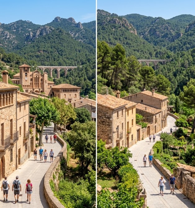Vistes de las zonas arboladas, la arquitectura residencial y la imponente naturaleza de las Montañas de Ordal
